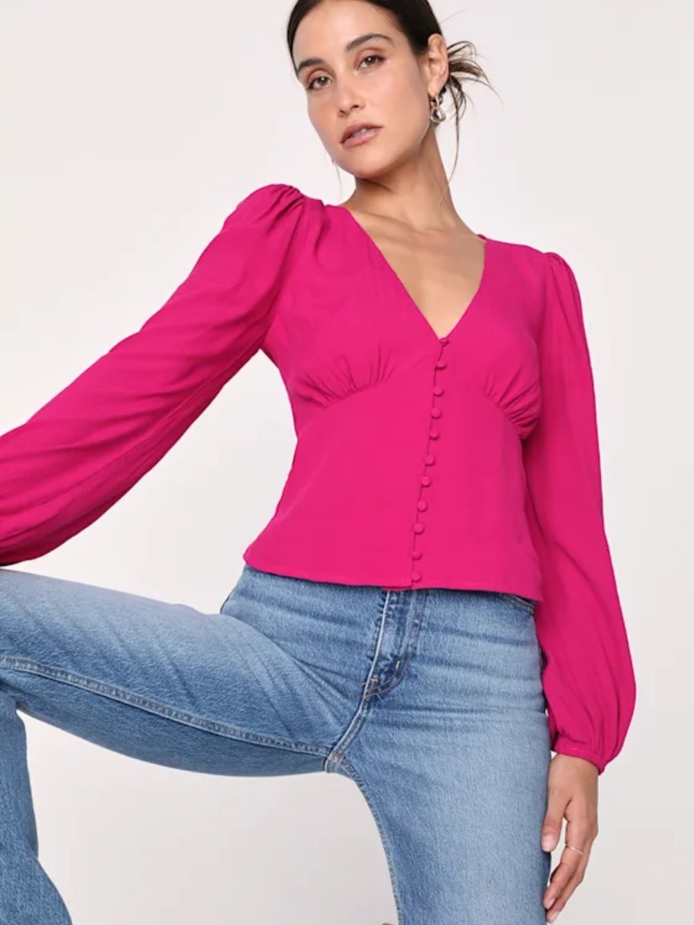 NWOT Conversation Starter Fuchsia V-Neck Long Sleeve Button-Up Top Medium